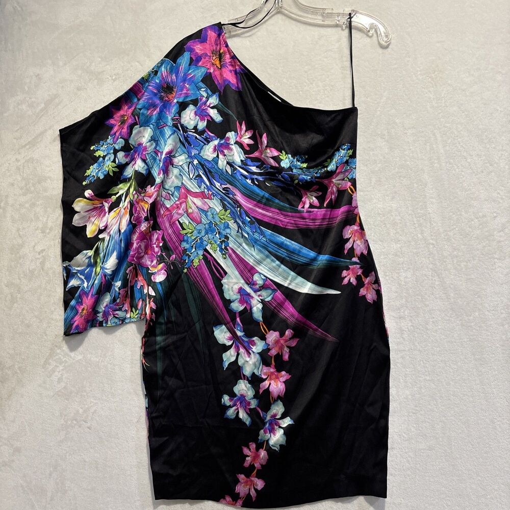 Cache One Shoulder Mini Dress Silk Blend Black Vibrant Floral Art Women's Medium